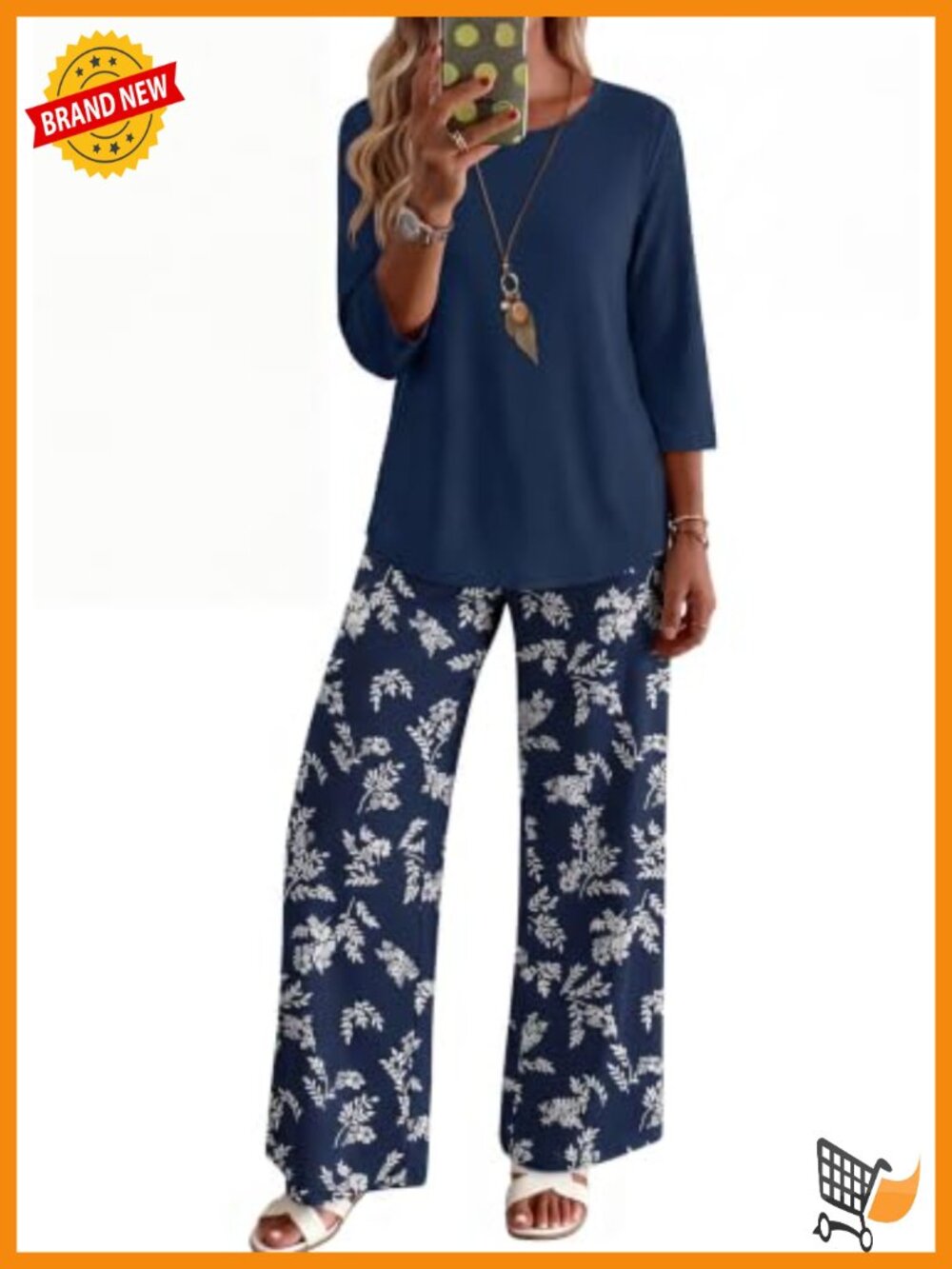 Two Piece Lounge Set 3/4 Sleeve Top & Printed Pants with Pockets